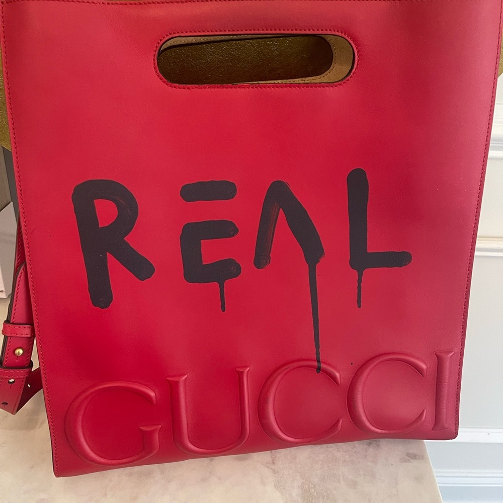 Gucci Red Tote Bag with Black Print